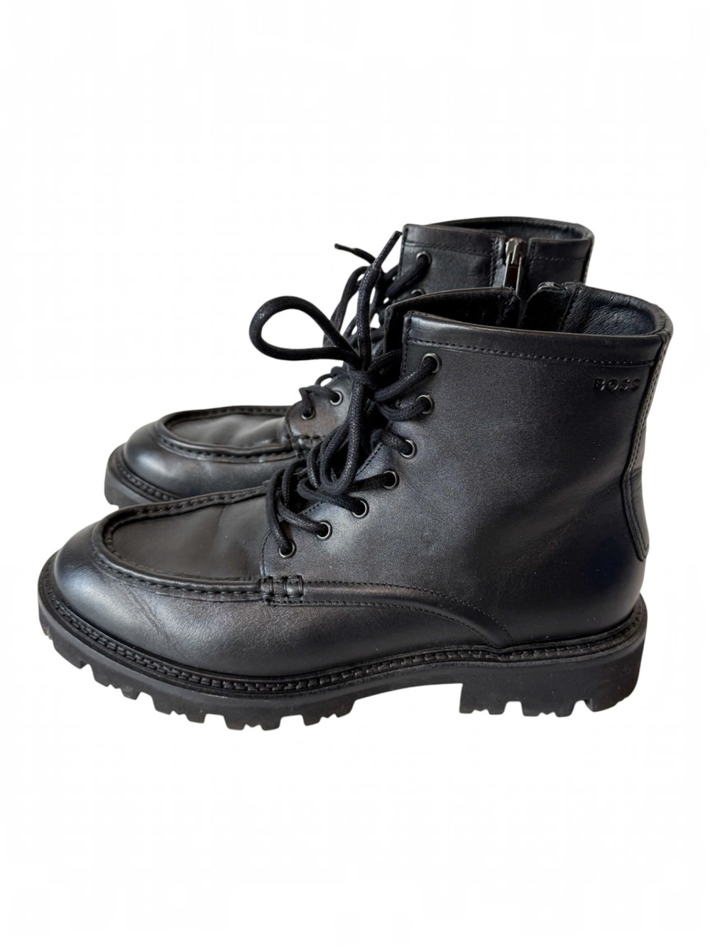 BOSS Julio Mens Lugged Moc Toe Black Leather Boots Size 42 EU 9 US FLAW